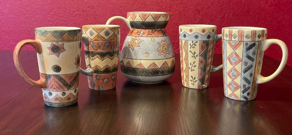 Sango Coffee Shoppe Pattern Ceramic Pitcher and 4 Mug Set